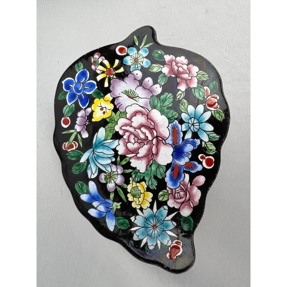 Vintage Seymour Mann Mille Fleurs Floral Enamel Leaf Trinket Box Hand Painted